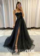 Samantha |Black Long Prom Dresses Stores With A - line Spaghetti Straps Glitter Tulle - Price #price_variant_lowest# - Black - PromDressClub